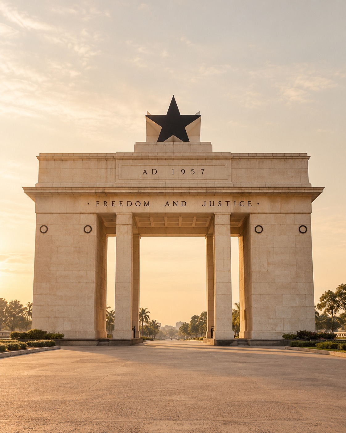 AI-created illustration of Ghana’s Black Star Gate in warm sand and cream tones